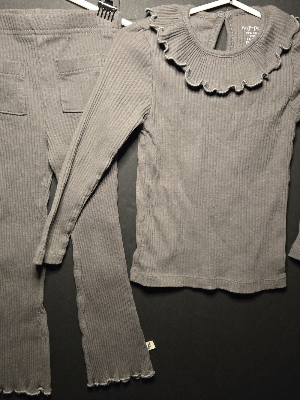 easy-peasy Girls Ribbed Ruffle Collar Long Sleeve Top - Gray